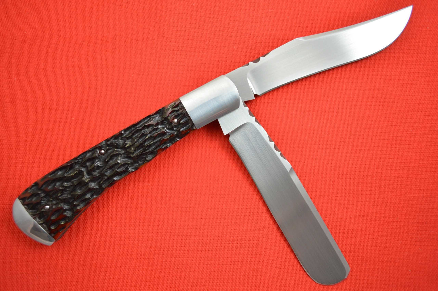 Bill Ruple Two-Blade Trapper, Jigged Bone, Double Bolster, File-Worked Blade Spine and Liners (SOLD)