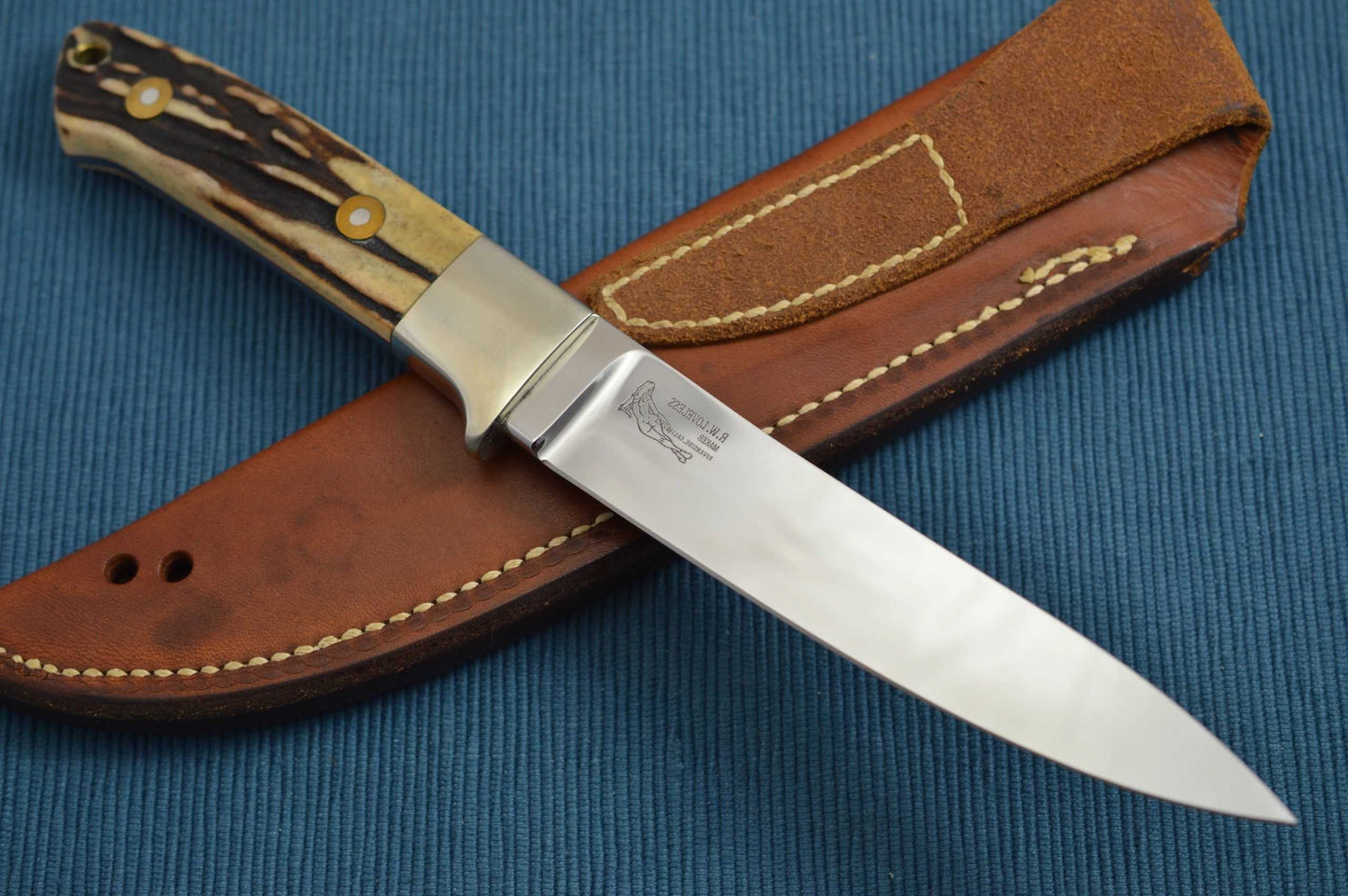 Bob Loveless Large Stag Skinner Knife, Double Nude, Riverside Police Dept. Top Gun 1987, Leather Sheath (SOLD)