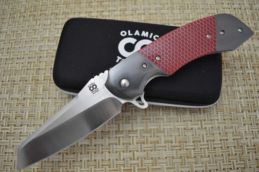 Olamic Cutlery Custom "Wayfarer Sheepscliffe" Liner-Lock Flipper, Double Zirconium Bolsters, Red C-Tek (SOLD)