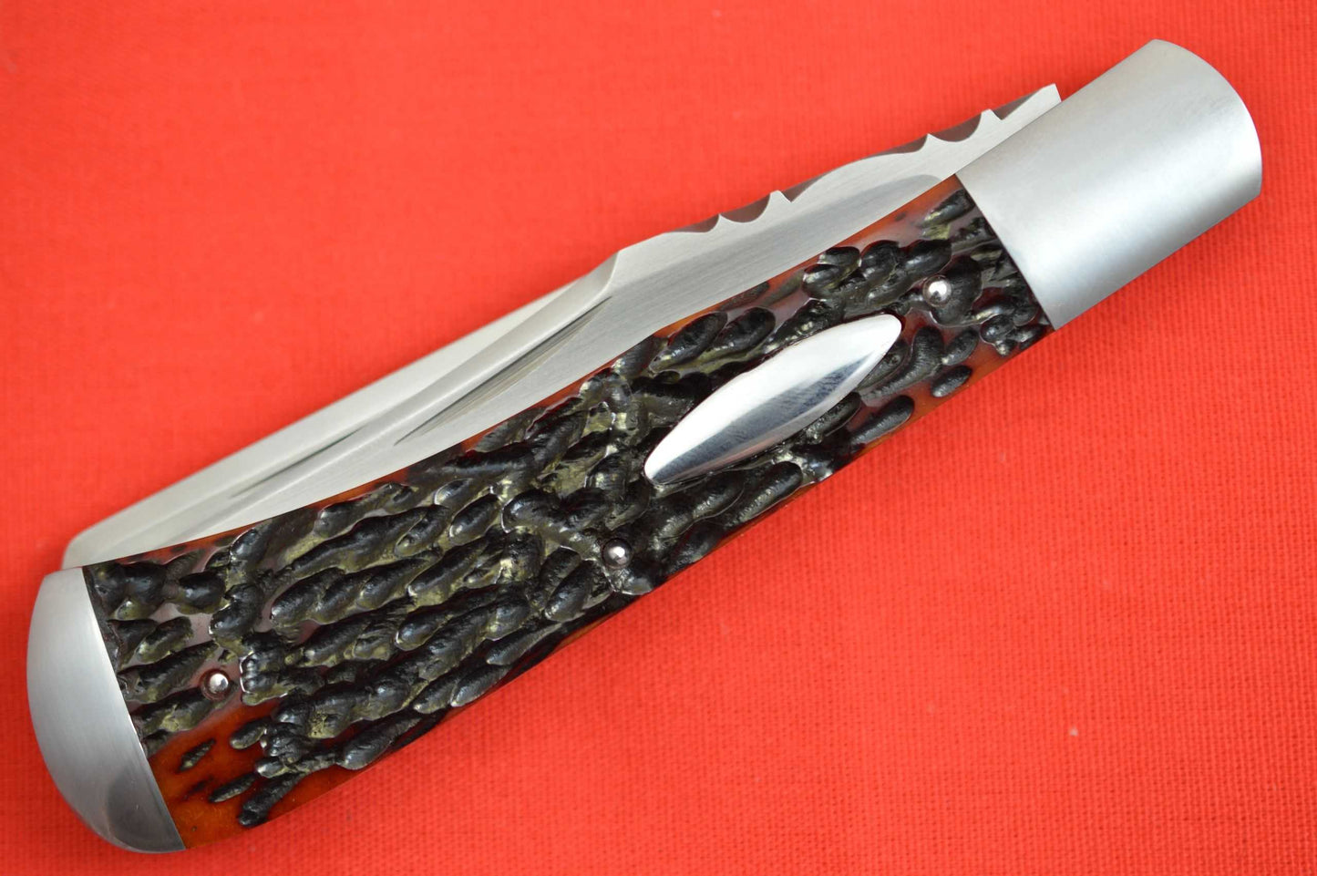 Bill Ruple Two-Blade Trapper, Jigged Bone, Double Bolster, File-Worked Blade Spine and Liners (SOLD)