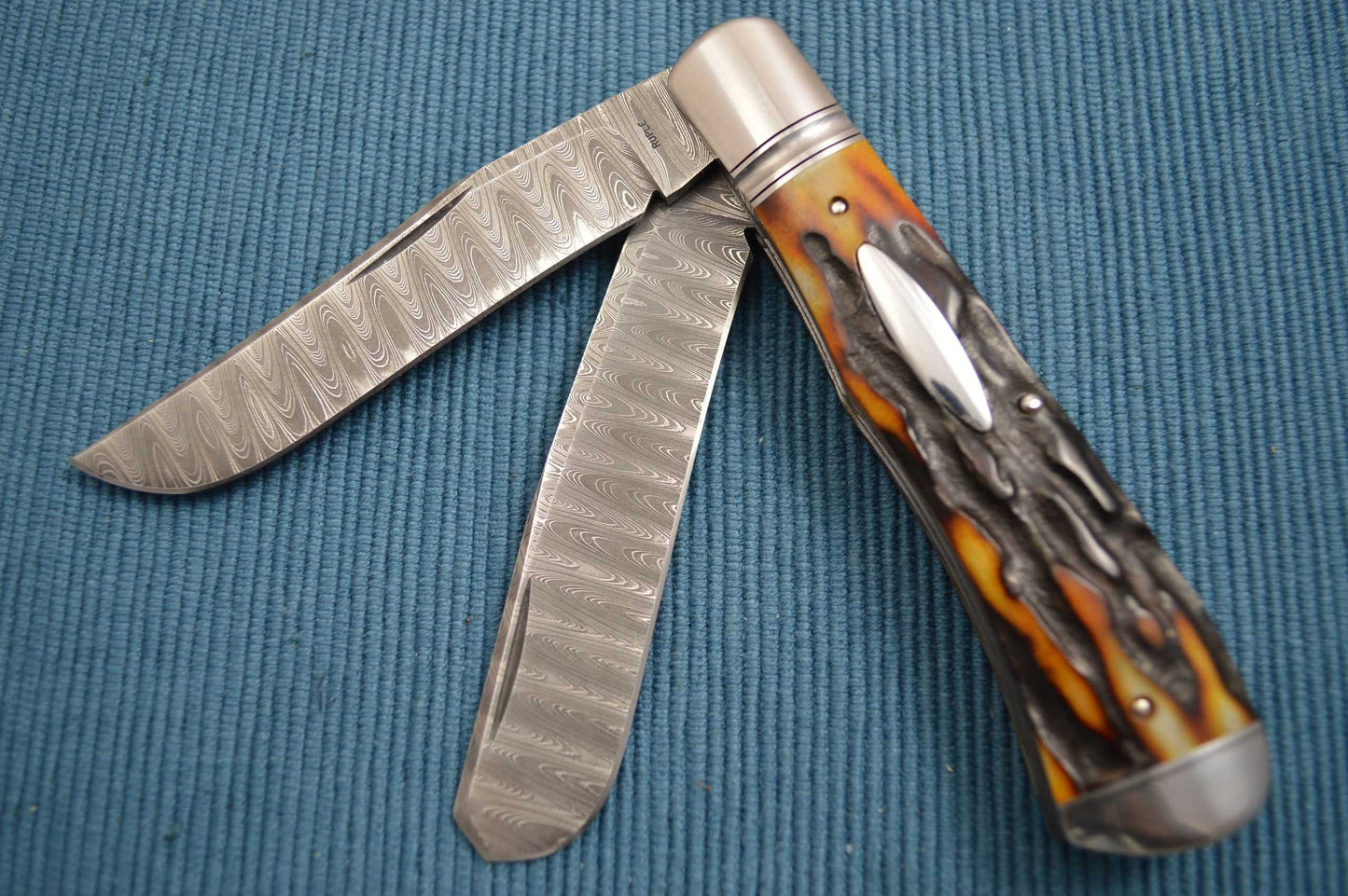 Bill Ruple Stag Two-Blade Devin Thomas Damascus Trapper, File-Worked Liners (SOLD)