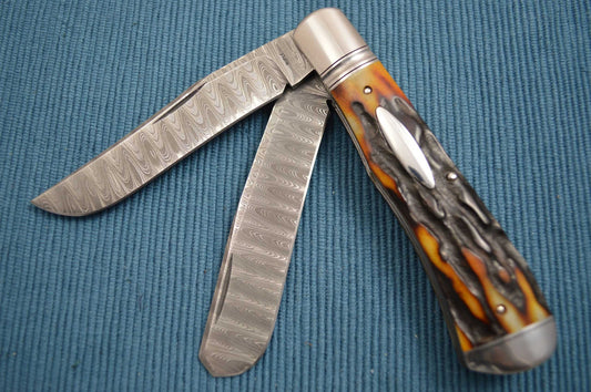 Bill Ruple Stag Two-Blade Devin Thomas Damascus Trapper, File-Worked Liners (SOLD)