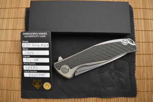 Shirogorov Custom Division Model F95, Titanium Frame-Lock Carbon Fiber Inlays SRRBS Flipper, 2016 Blade Show Lottery #324 (TRADED)