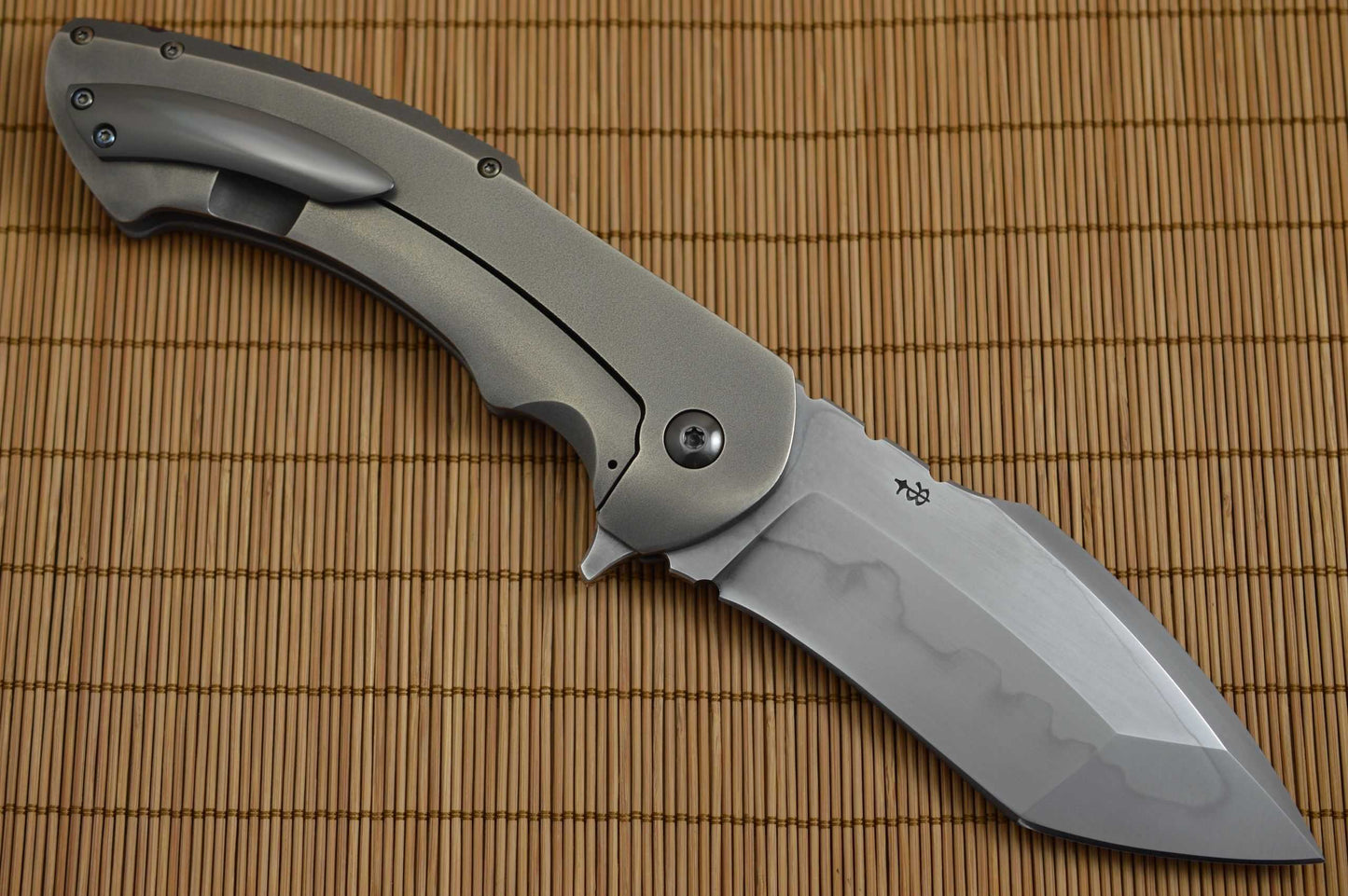 Rick Barrett Large Custom "Fallout" Flipper Folding Knife, Hamon, Zirconium Clip (SOLD)