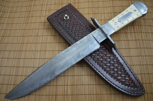 David Anders M.S. Coffin Handle Feather Damascus Bowie, Fossilized Handle, Rowe Leather Sheath (SOLD)