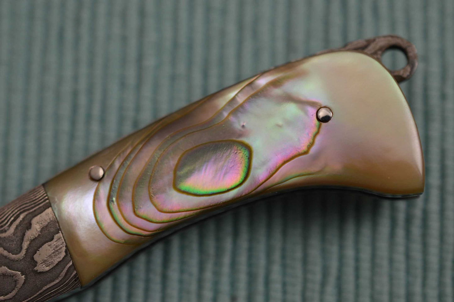 Wayne Valachovic, M.S. Damascus, Abalone, Tail-Lock Gents Folder (SOLD)