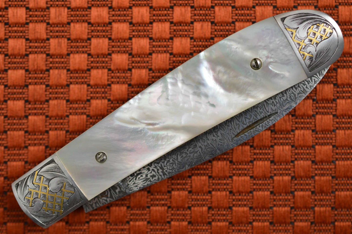 Steve Dunn, M.S. Gents Folder, Mother of Pearl, Thorns and Thistle Damascus, 24K Gold Engraving (SOLD)