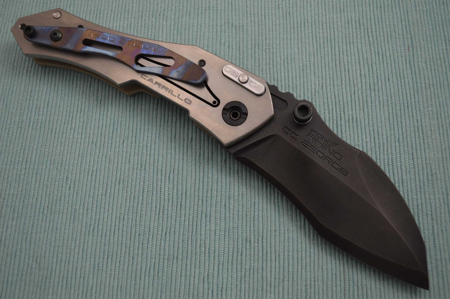 Dwaine Carrillo PROTOTYPE Button-Lock Scout M5, Desert Tan G10, Black Oxide Finish Blade (SOLD)