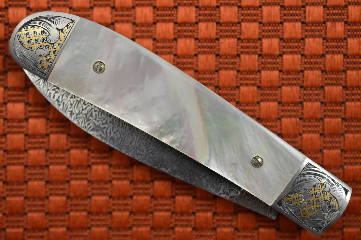 Steve Dunn, M.S. Gents Folder, Mother of Pearl, Thorns and Thistle Damascus, 24K Gold Engraving (SOLD)