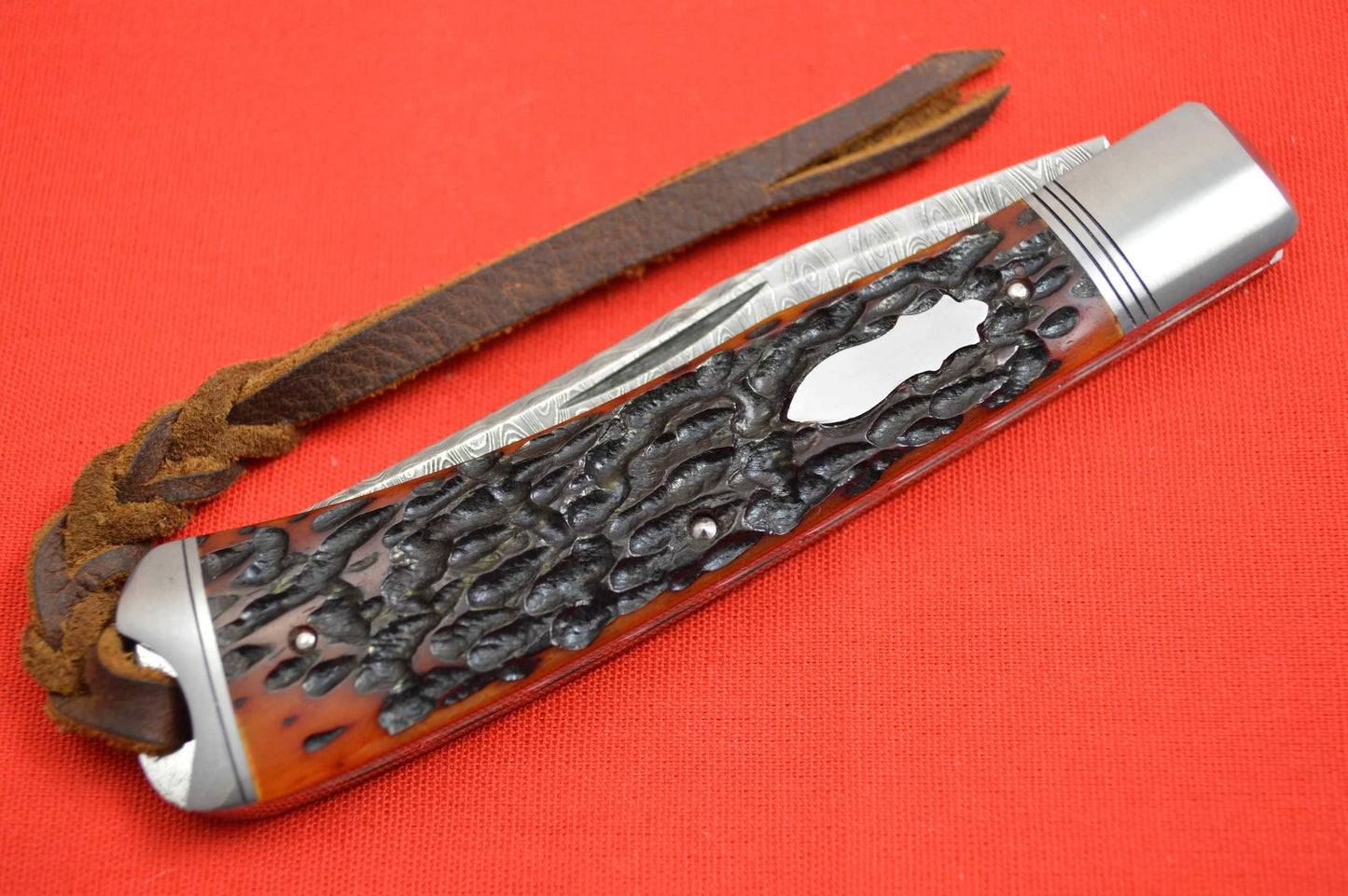 Bill Ruple Slip Joint Trapper, Amber Jigged Bone, Devin Thomas Damascus, File-Work (SOLD)