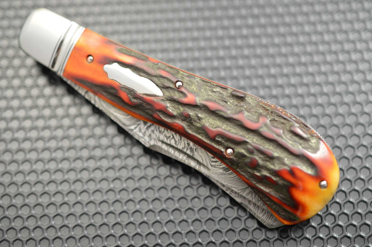 Toby Hill Two-Blade Stag Saddlehorn Trapper, Bruce Barnett "River Of Fire" Damascus Blades (SOLD)