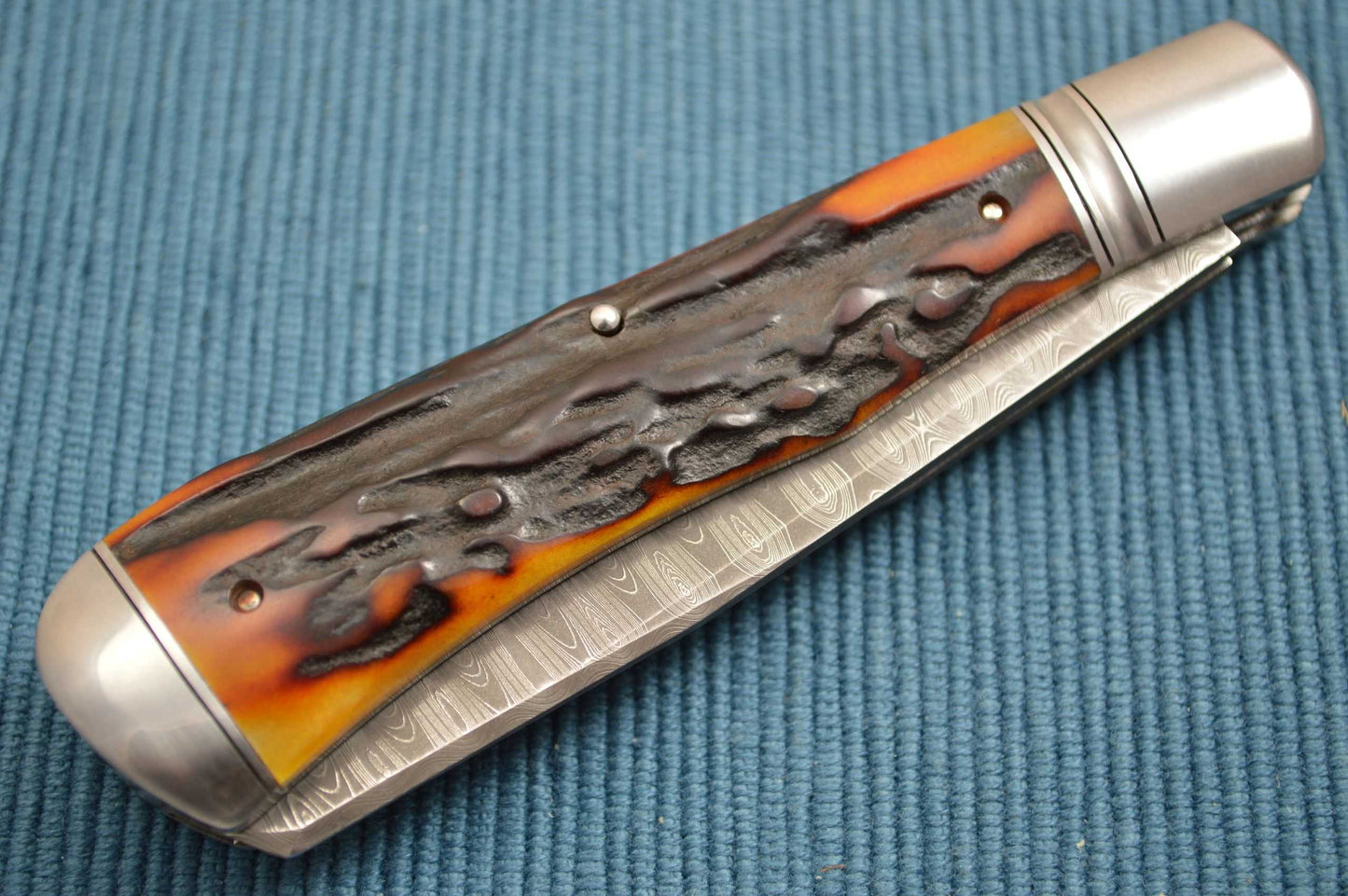 Bill Ruple Stag Two-Blade Devin Thomas Damascus Trapper, File-Worked Liners (SOLD)