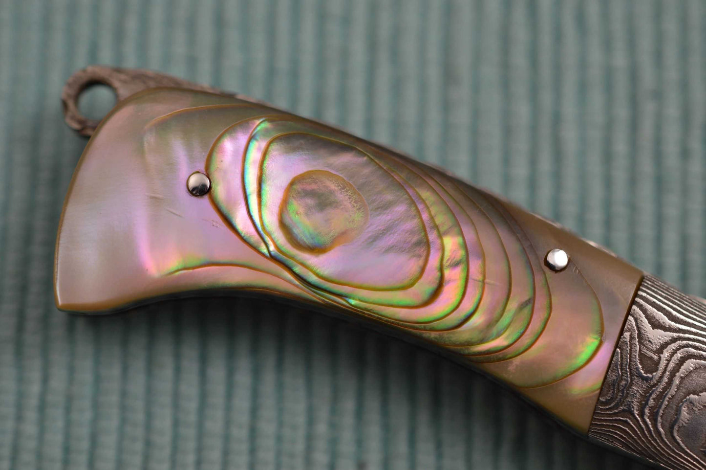 Wayne Valachovic, M.S. Damascus, Abalone, Tail-Lock Gents Folder (SOLD)