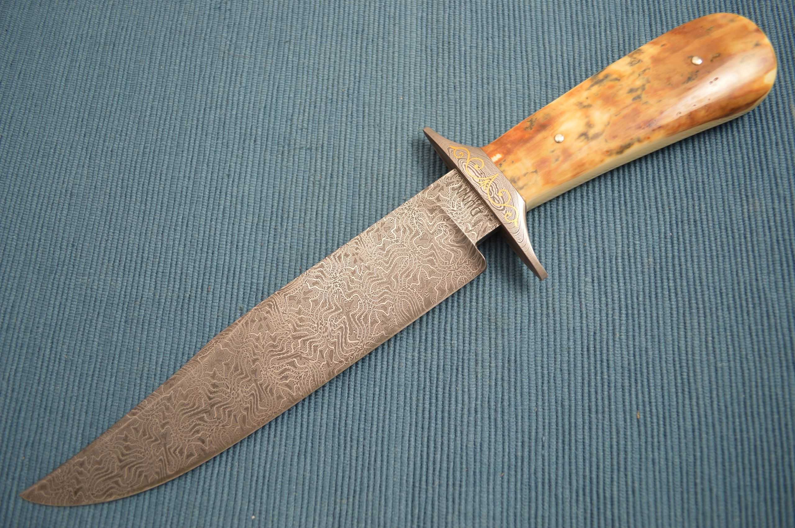 Steve Dunn M.S. Mosaic Damascus, Fossilized Bowie, 24K Gold Scroll Wor ...