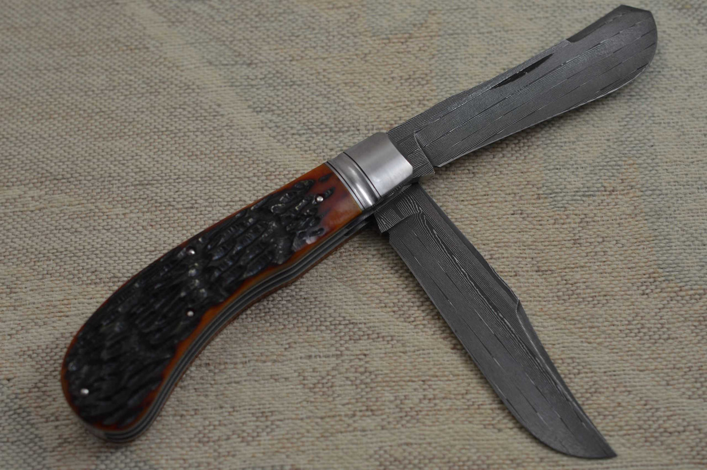 Bill Ruple Two-Blade Saddlehorn Trapper, Rob Thomas Damascus, File-Worked Liners (SOLD)