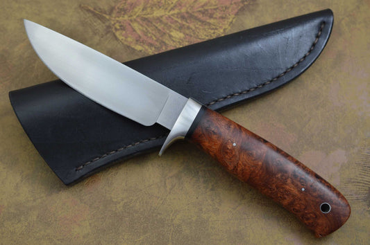 Shawn McIntyre, M.S. Amboyna Burl Hunting Knife and Leather Sheath (SOLD)