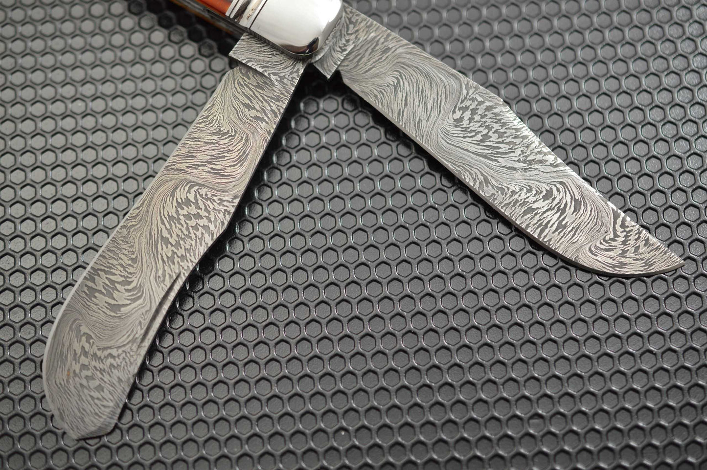 Toby Hill Two-Blade Stag Saddlehorn Trapper, Bruce Barnett "River Of Fire" Damascus Blades (SOLD)