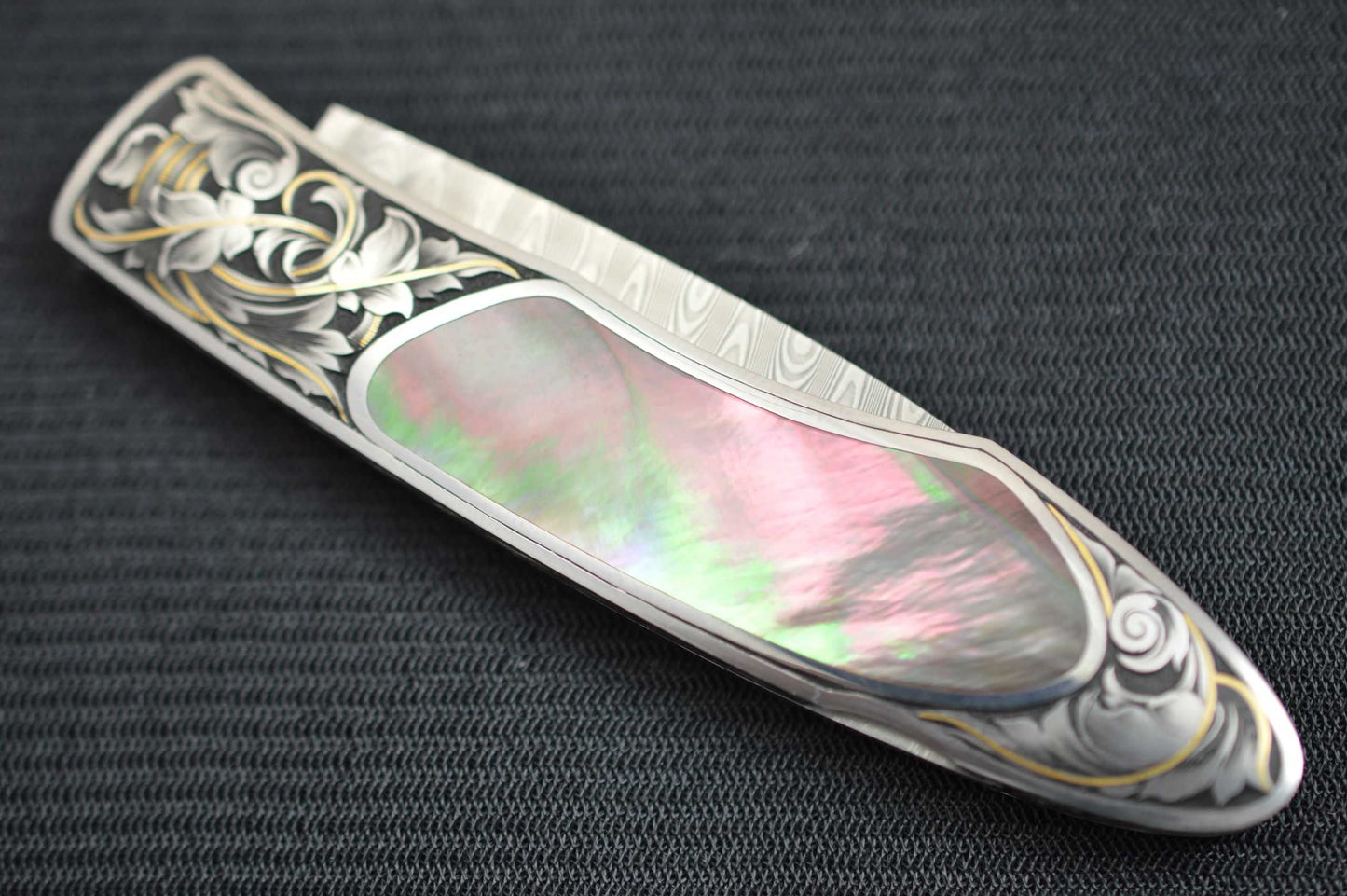 Tim Herman Engraved Blacklip Tahitian Pearl & Damascus Lock-Back Folding Knife (SOLD)