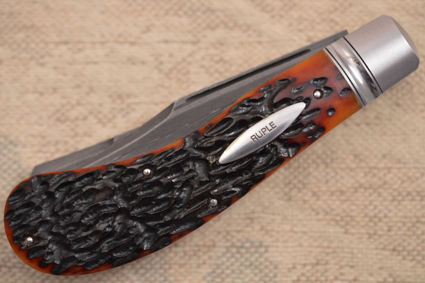 Bill Ruple Two-Blade Saddlehorn Trapper, Rob Thomas Damascus, File-Worked Liners (SOLD)