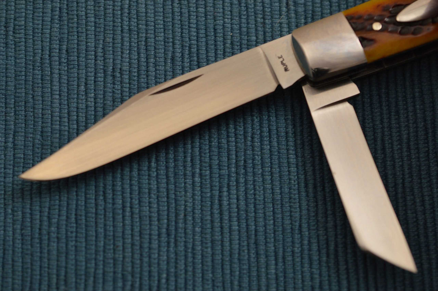 Bill Ruple 3-Blade Stockman, Serpentine Amber Jigged Bone Scales, File-Work (SOLD)