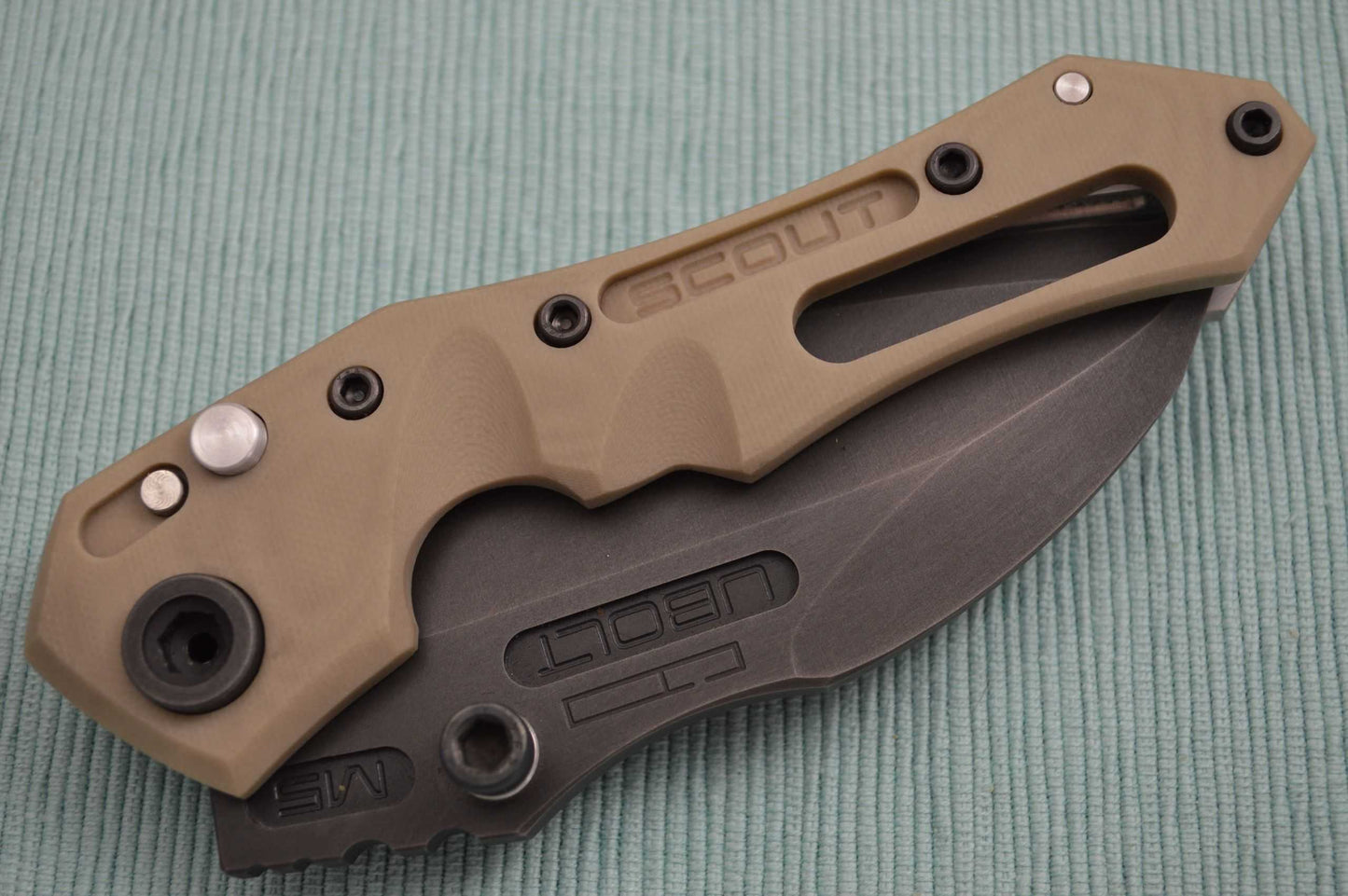 Dwaine Carrillo PROTOTYPE Button-Lock Scout M5, Desert Tan G10, Black Oxide Finish Blade (SOLD)