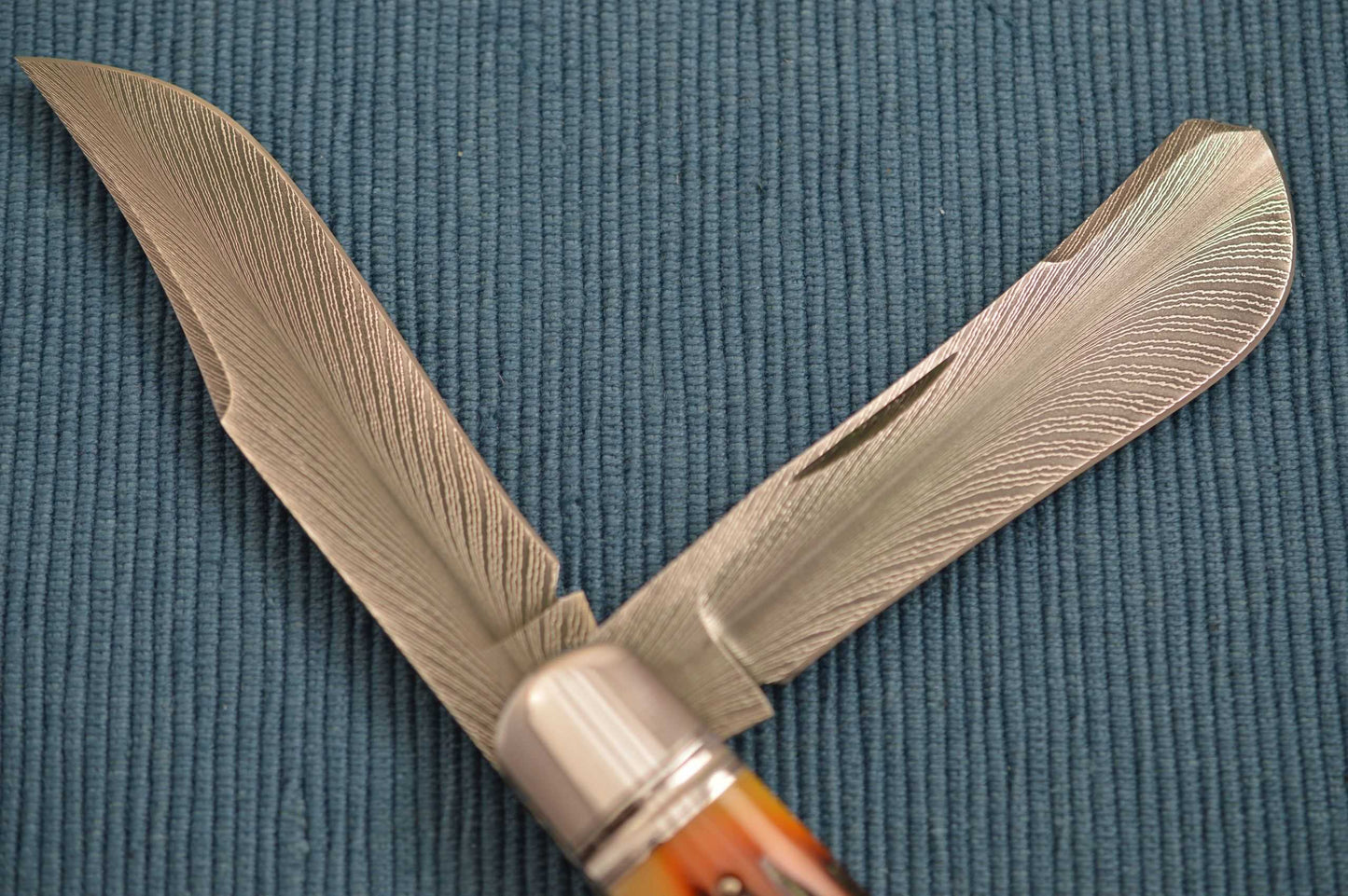 Bill Ruple Damascus and Stag, Large Two-Blade Saddlehorn Trapper (SOLD)