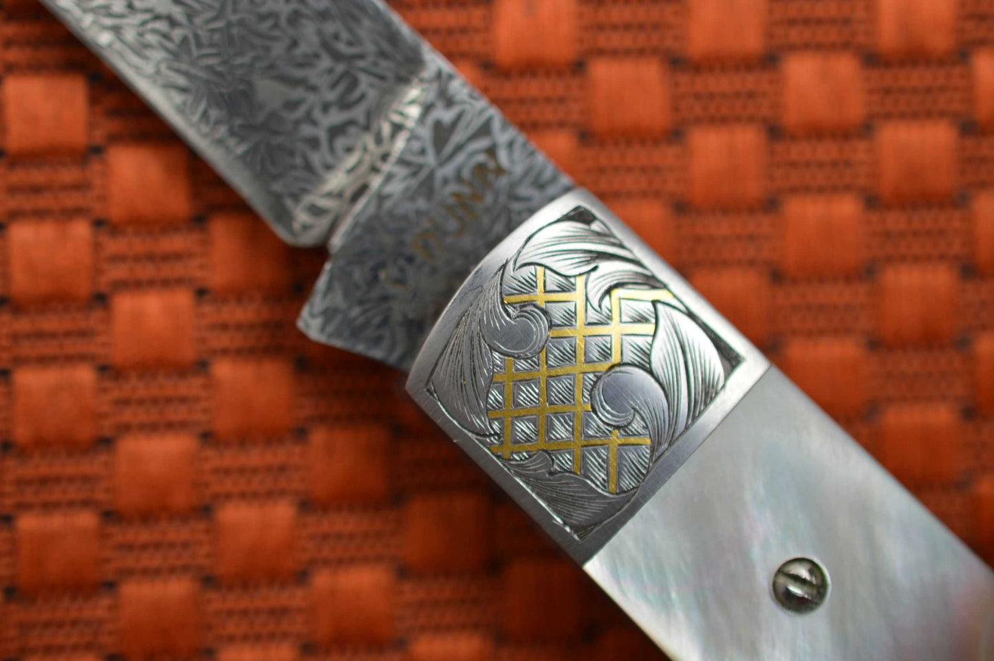 Steve Dunn, M.S. Gents Folder, Mother of Pearl, Thorns and Thistle Damascus, 24K Gold Engraving (SOLD)