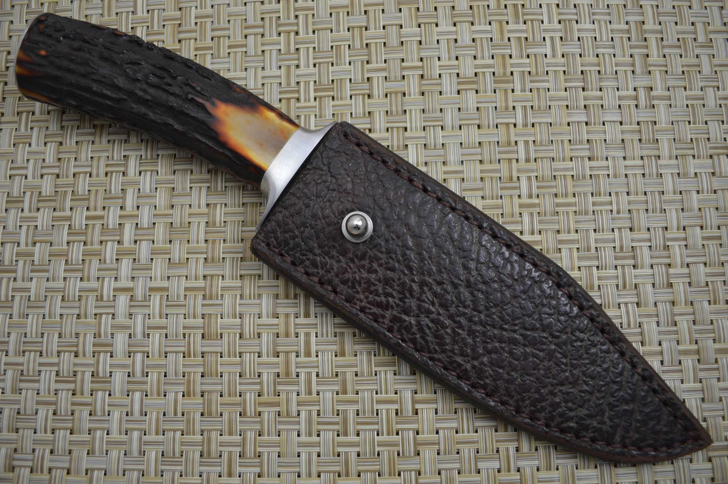 Jim Crowell, M.S. Canned Damascus Bowie Knife, Stag Handle, Shark Skin Sheath (SOLD)