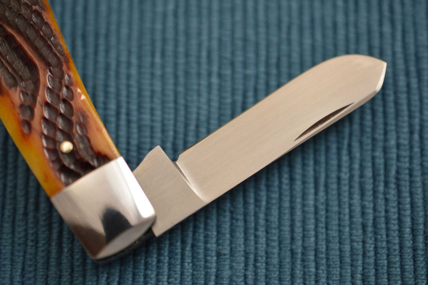 Bill Ruple 3-Blade Stockman, Serpentine Amber Jigged Bone Scales, File-Work (SOLD)