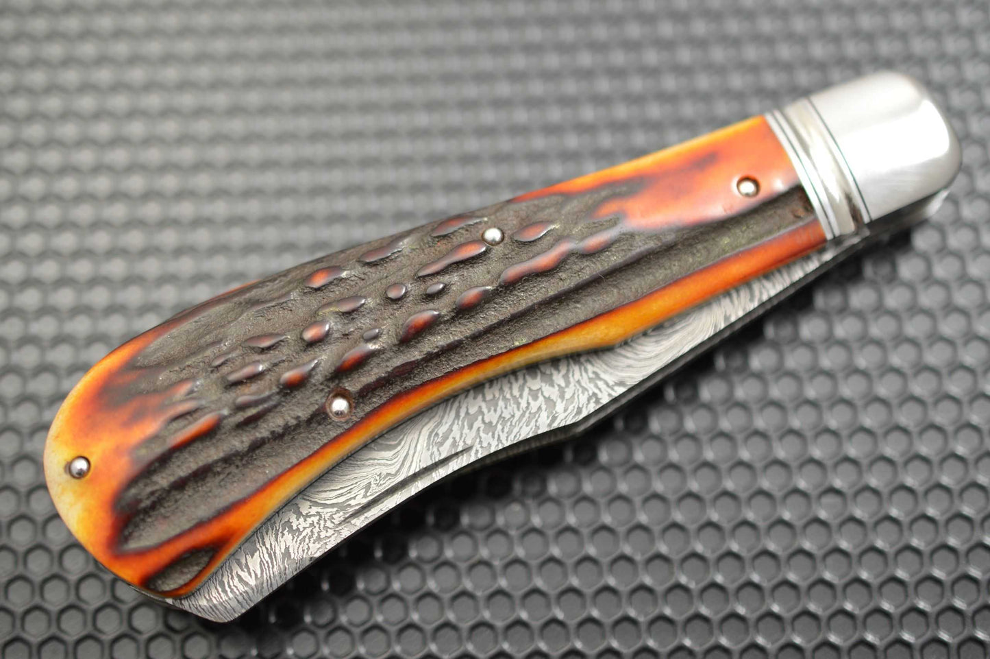 Toby Hill Two-Blade Stag Saddlehorn Trapper, Bruce Barnett "River Of Fire" Damascus Blades (SOLD)