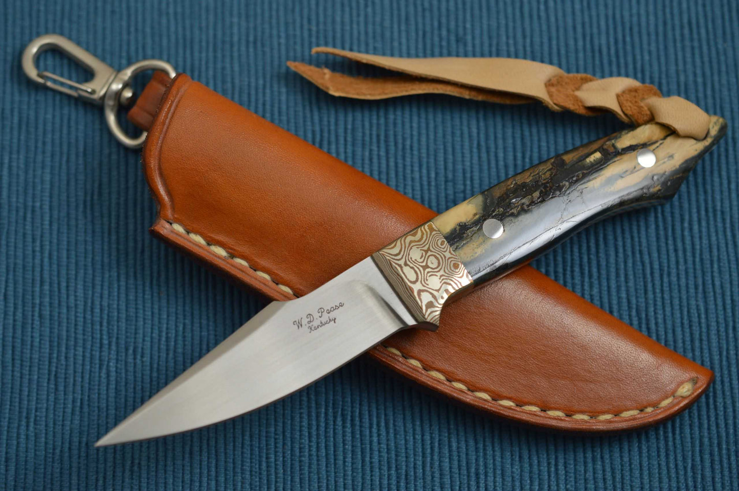 W.D. Pease Fossilized "Swinger", Mokume Bolster, Dangler Leather Sheath (SOLD)