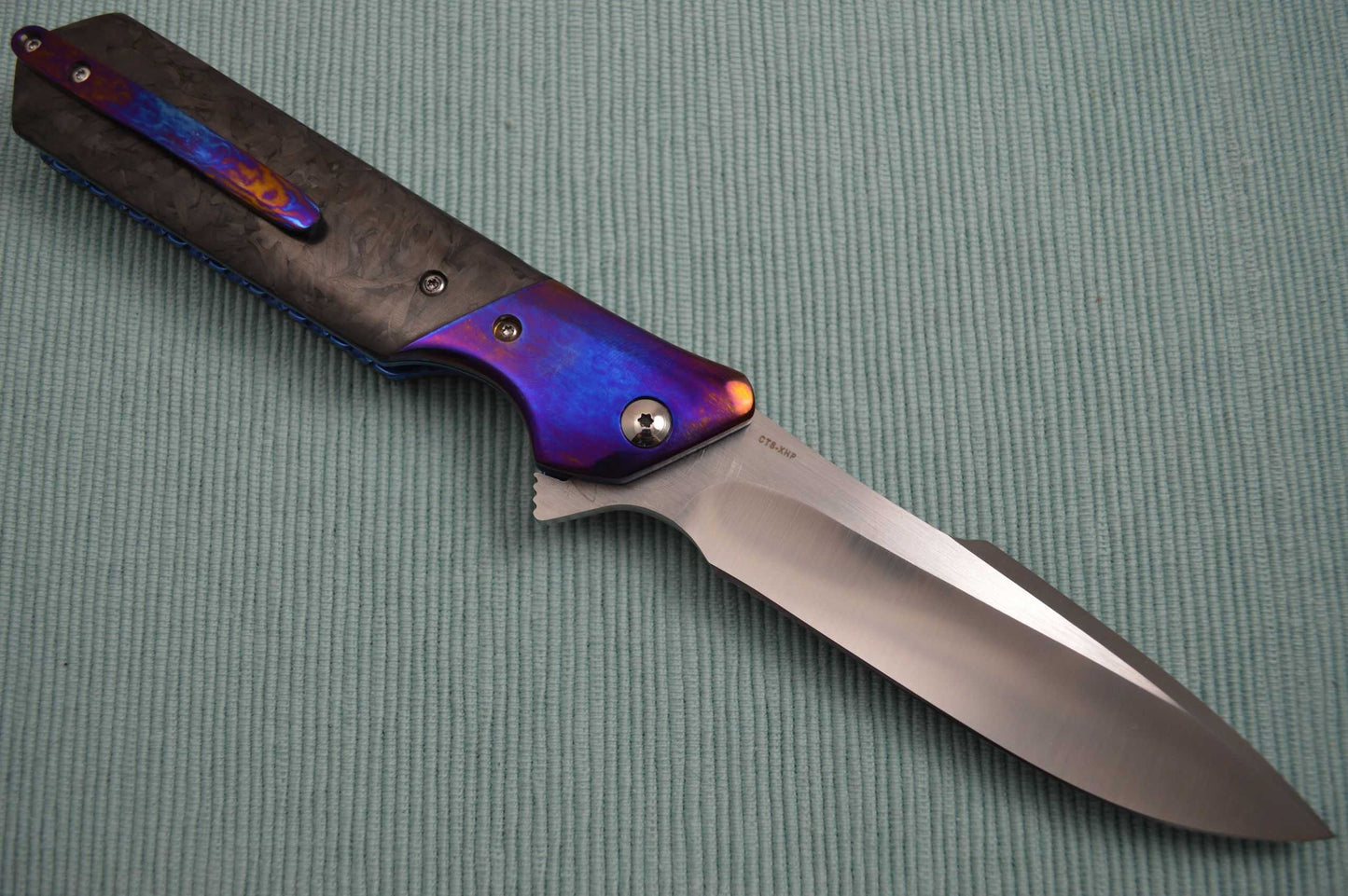 Olamic Cutlery Rainmaker, Marbled Carbon Fire Scales, Harpoon Blade, Ti-Damascus Bolster / Clip (SOLD)