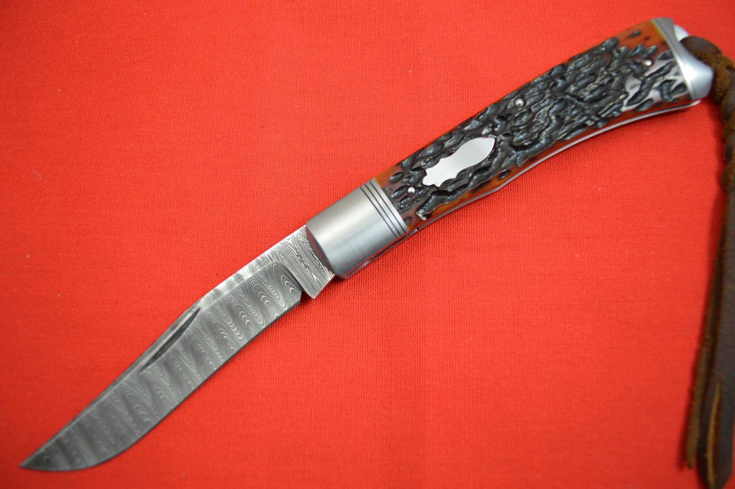 Bill Ruple Slip Joint Trapper, Amber Jigged Bone, Devin Thomas Damascus, File-Work (SOLD)