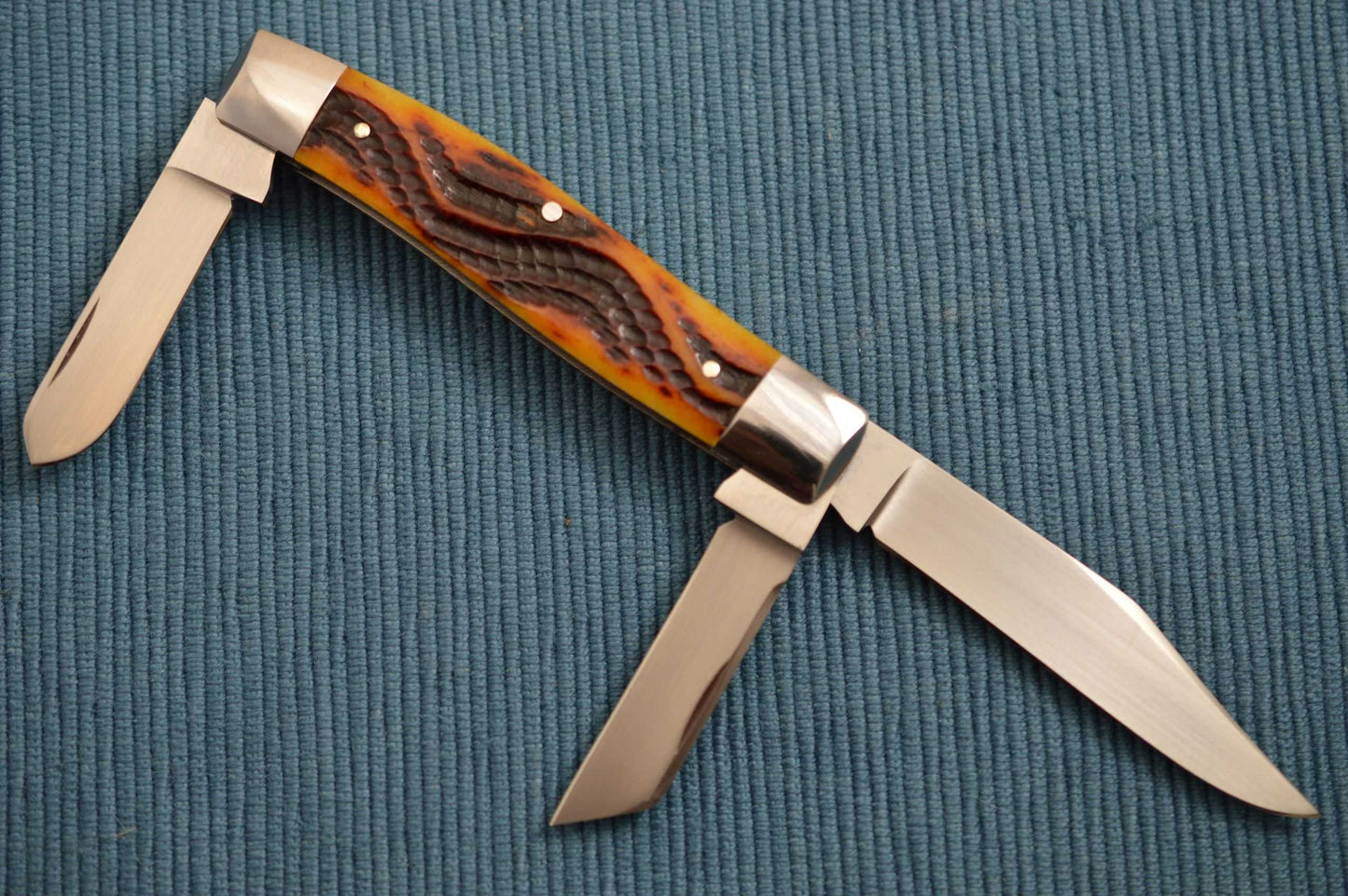 Bill Ruple 3-Blade Stockman, Serpentine Amber Jigged Bone Scales, File-Work (SOLD)