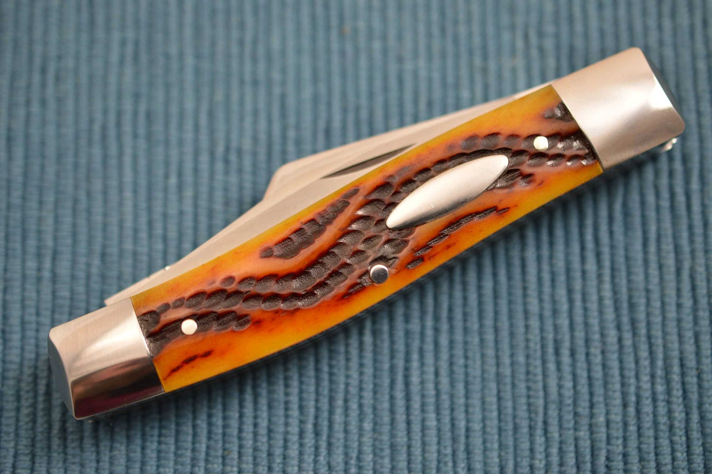 Bill Ruple 3-Blade Stockman, Serpentine Amber Jigged Bone Scales, File-Work (SOLD)