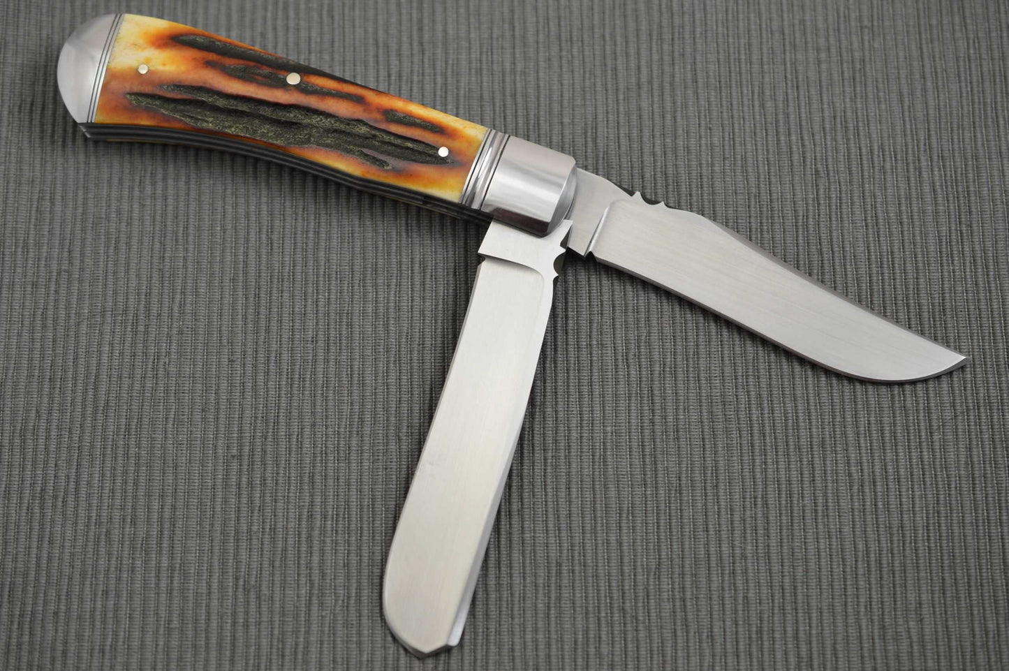 Bill Ruple Two-Blade Large Stag Trapper, File-Worked Blade Spine, Spring & Liners (SOLD)