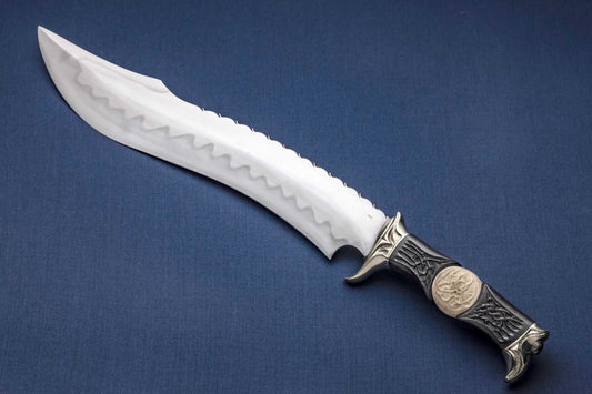 Mark Banfield Forged Fighter, Hamon, Carved African Blackwood Handle, Carved Bone Inset (TRADED)