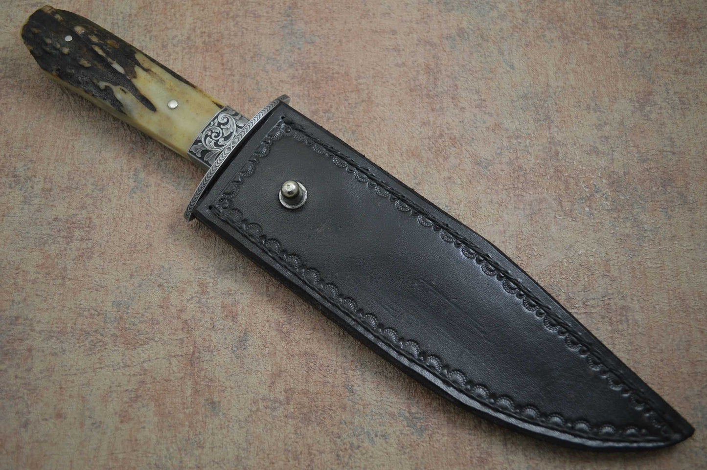Steve Dunn M.S. Engraved Stag Bowie, Tooled Leather Sheath