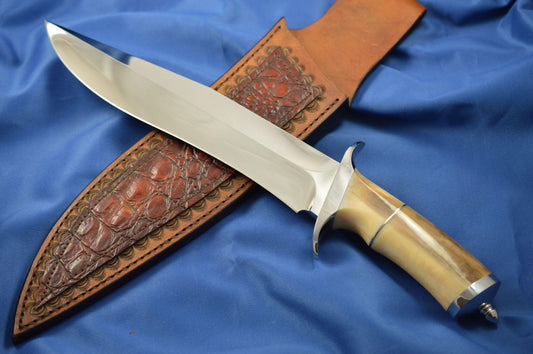 Kent Draper Large Fighting Knife, Fossil Handle, Schrap Leather Sheath (SOLD)