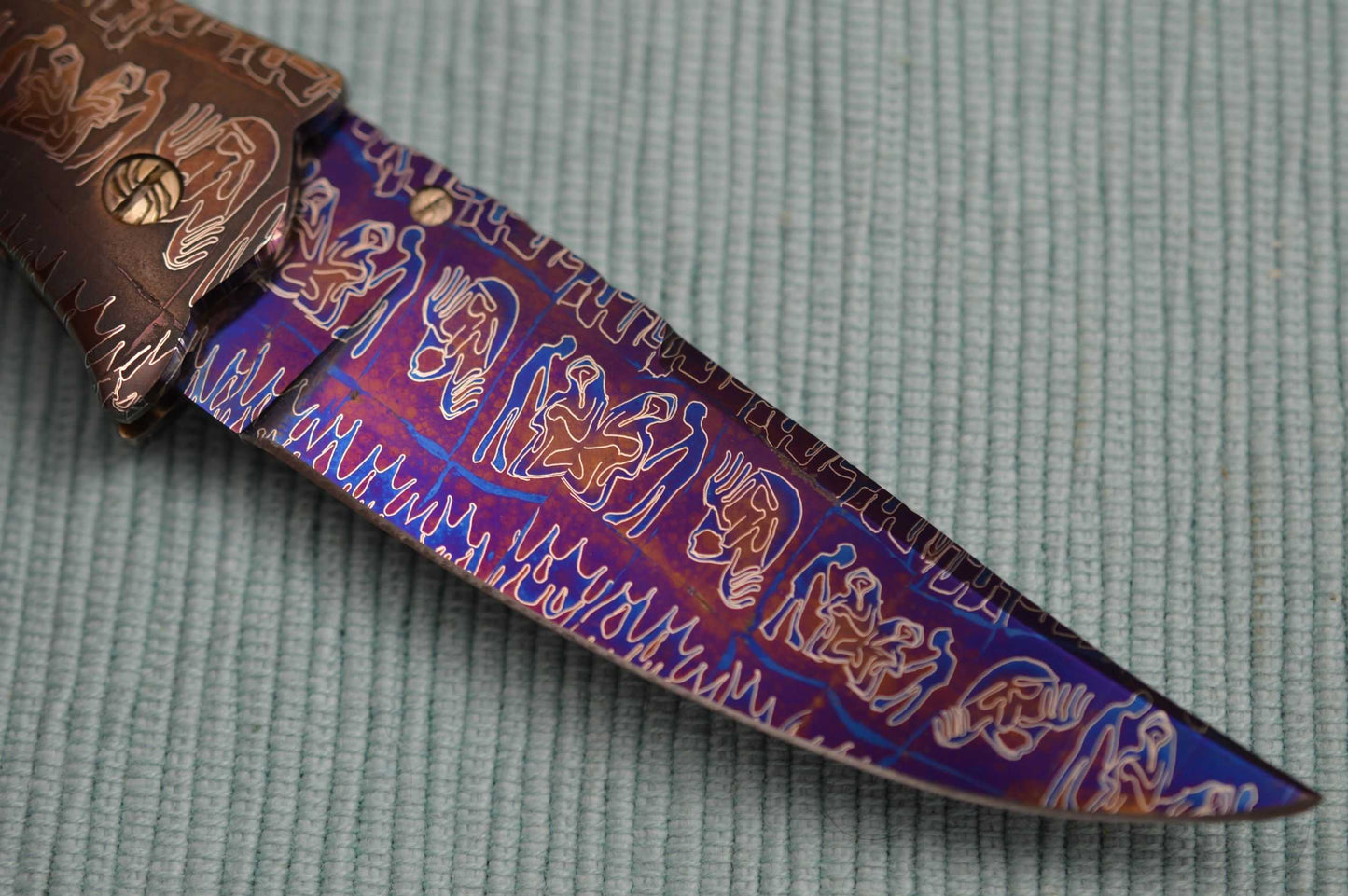 Joe Olson "Apocalypse" Interframe Folder, Damascus, Abalone, Ruby Thumbstud