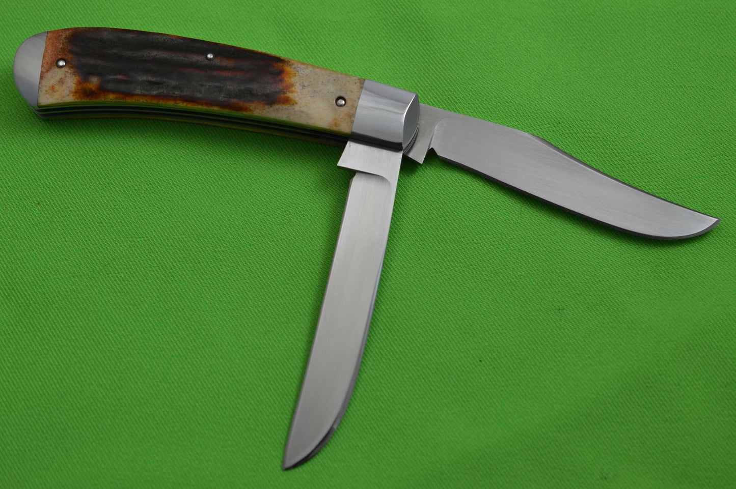 Toby Hill Two-Blade Stag Wharncliffe Trapper Slip-Joint Folding Knife, File-Worked Liners