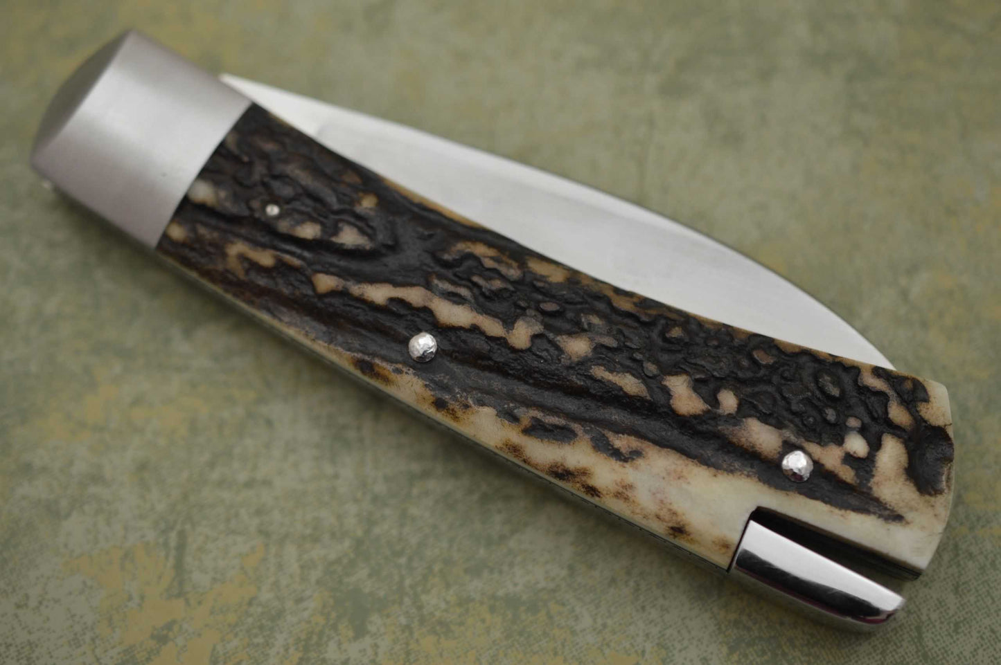 Toby Hill Large Tail-Lock Folding Knife, Stag Scales, File-Worked Liners