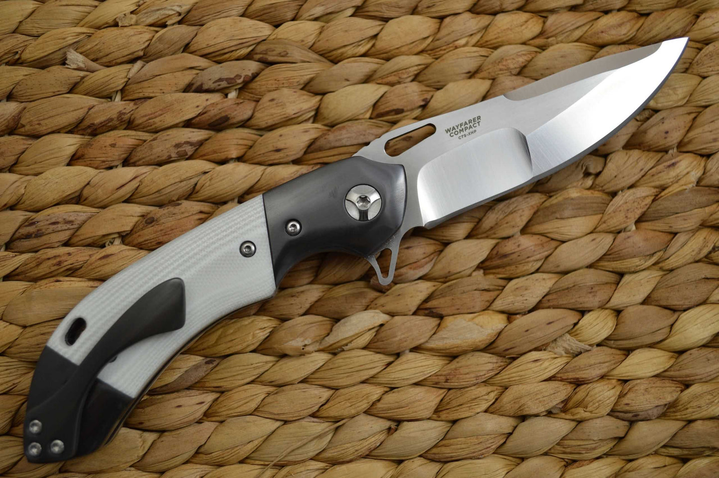 Olamic Cutlery Wayfarer Compact Flipper, Zirconium Bolsters, White G10 Scales (SOLD)