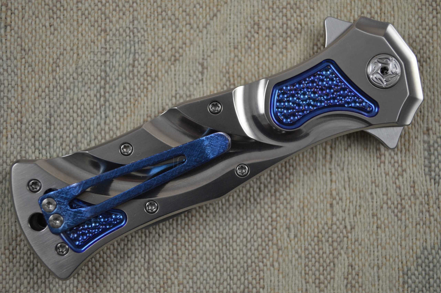 Brian Tighe "Twist Tighe" Button Lock Flipper Carved and Anodized Titanium Handle (SOLD)