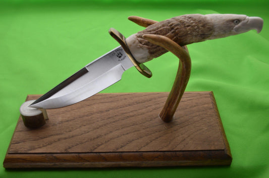 T.L. Davis Wolftrack Stag Carved Eagle Head Fixed Blade Knife, Display Stand