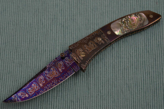 Joe Olson "Apocalypse" Interframe Folder, Damascus, Abalone, Ruby Thumbstud (SOLD)