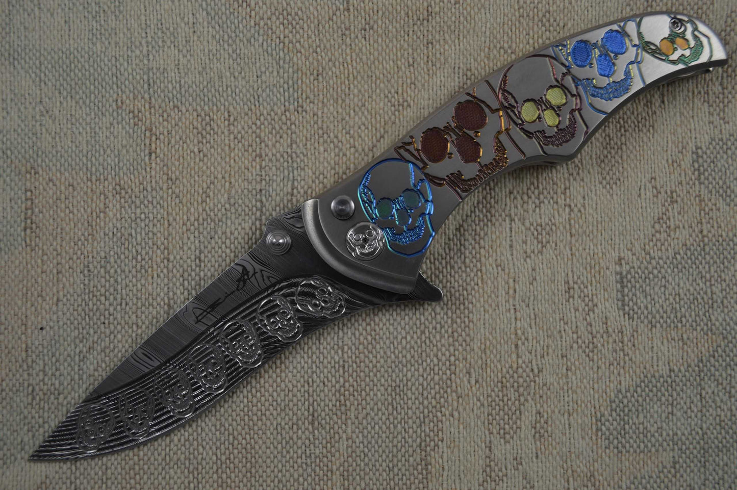 Brian Tighe "Tighe Coon" Flipper Engraved Skulls Titanium and Damasteel (SOLD)