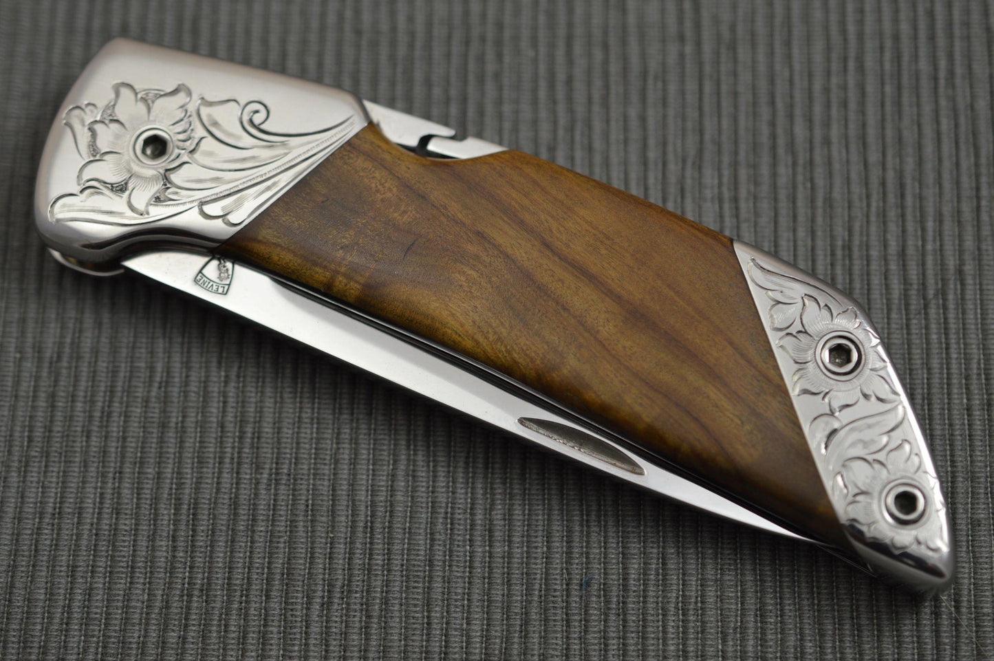 Norm Levine Engraved Lock-Back Folding Knife, Double Bolsters