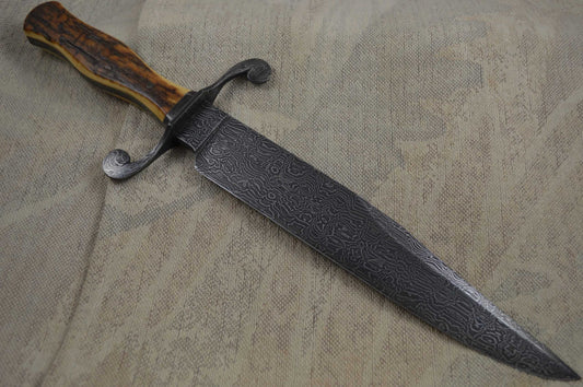 David Anders M.S. Cowboy Bowie, Damascus, S-Guard, Fossil Handle (SOLD)