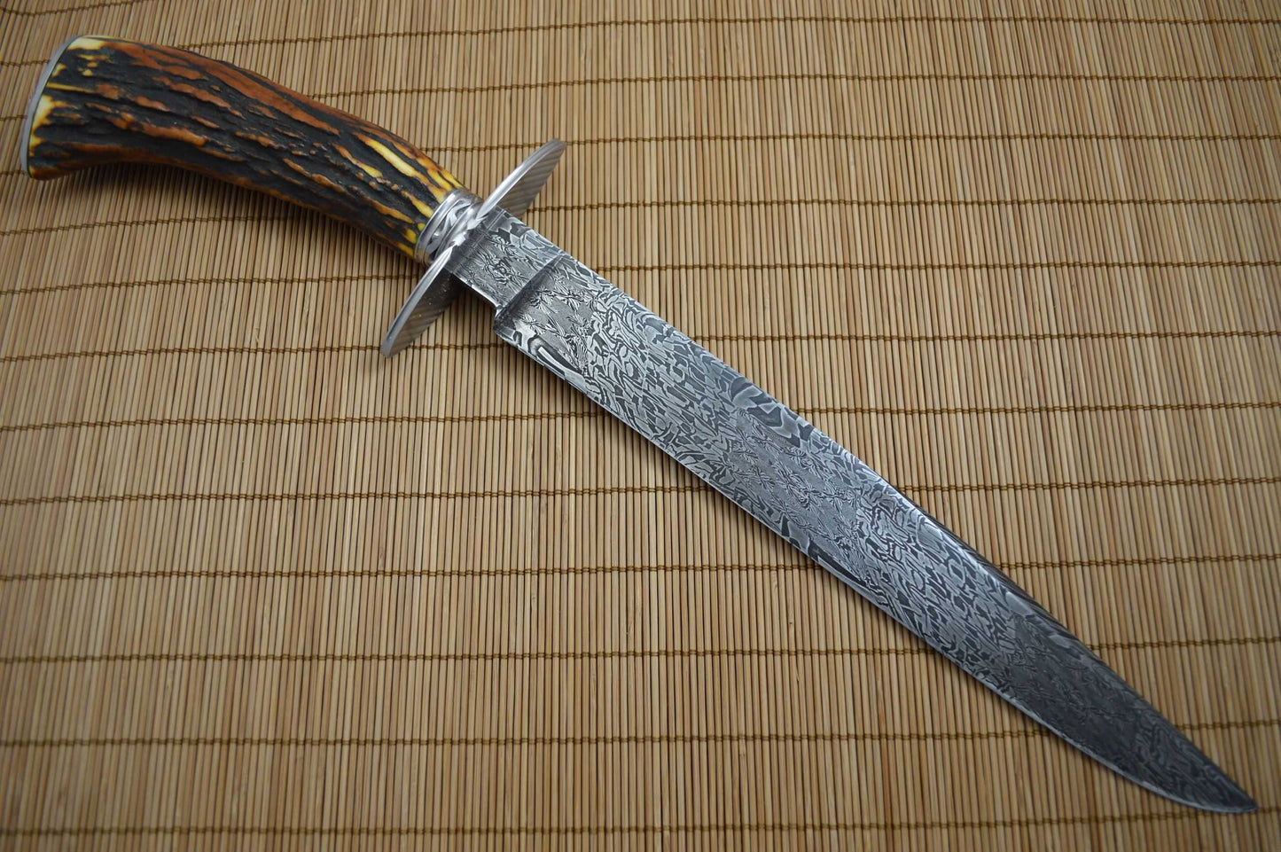 David Anders M.S. Large Damascus, Stag Bowie, Rowe Leather Sheath